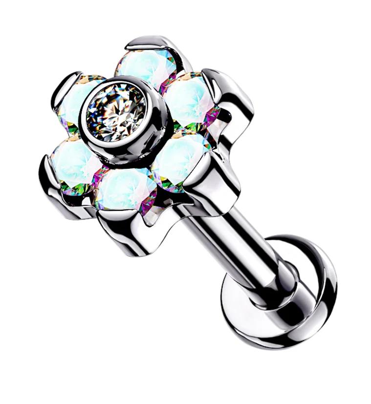 16G Rainbow Aurora CZ Flower Top Titanium Labret - Mrs Treak