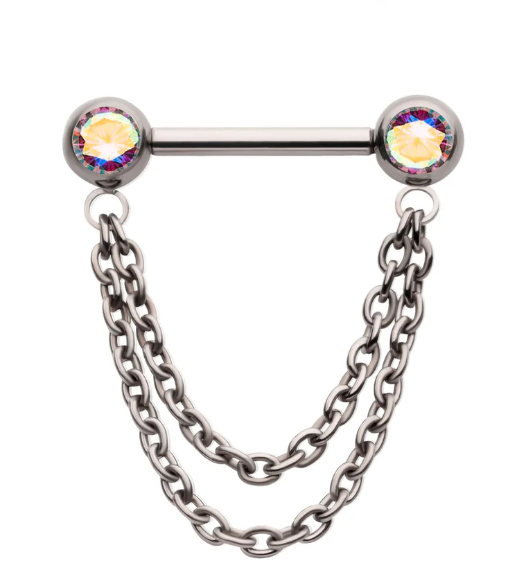 Dangle Chain Rainbow Aurora CZ Threadless Titanium Nipple Bars - Mrs Treak