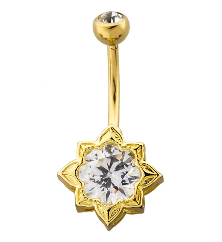 Gold PVD Flower CZ Belly Button Ring - Mrs Treak