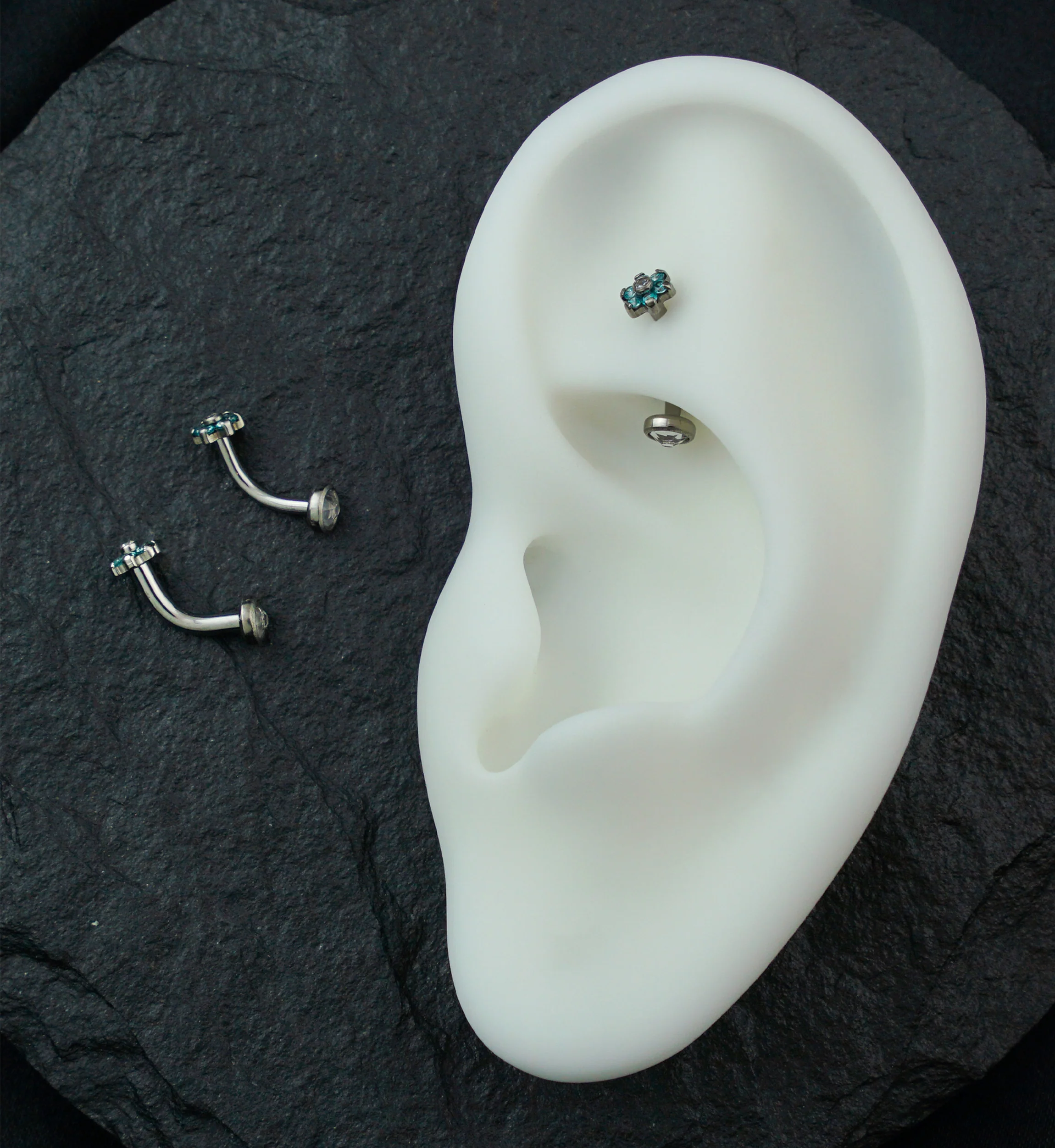 Flower Aqua CZ Titanium Internally Threaded Curved Barbell - Mrs Treak