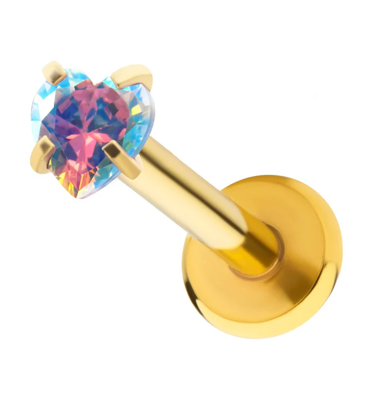 Gold PVD Heart Rainbow Aurora CZ Stainless Steel Internally Threaded Labret - Mrs Treak