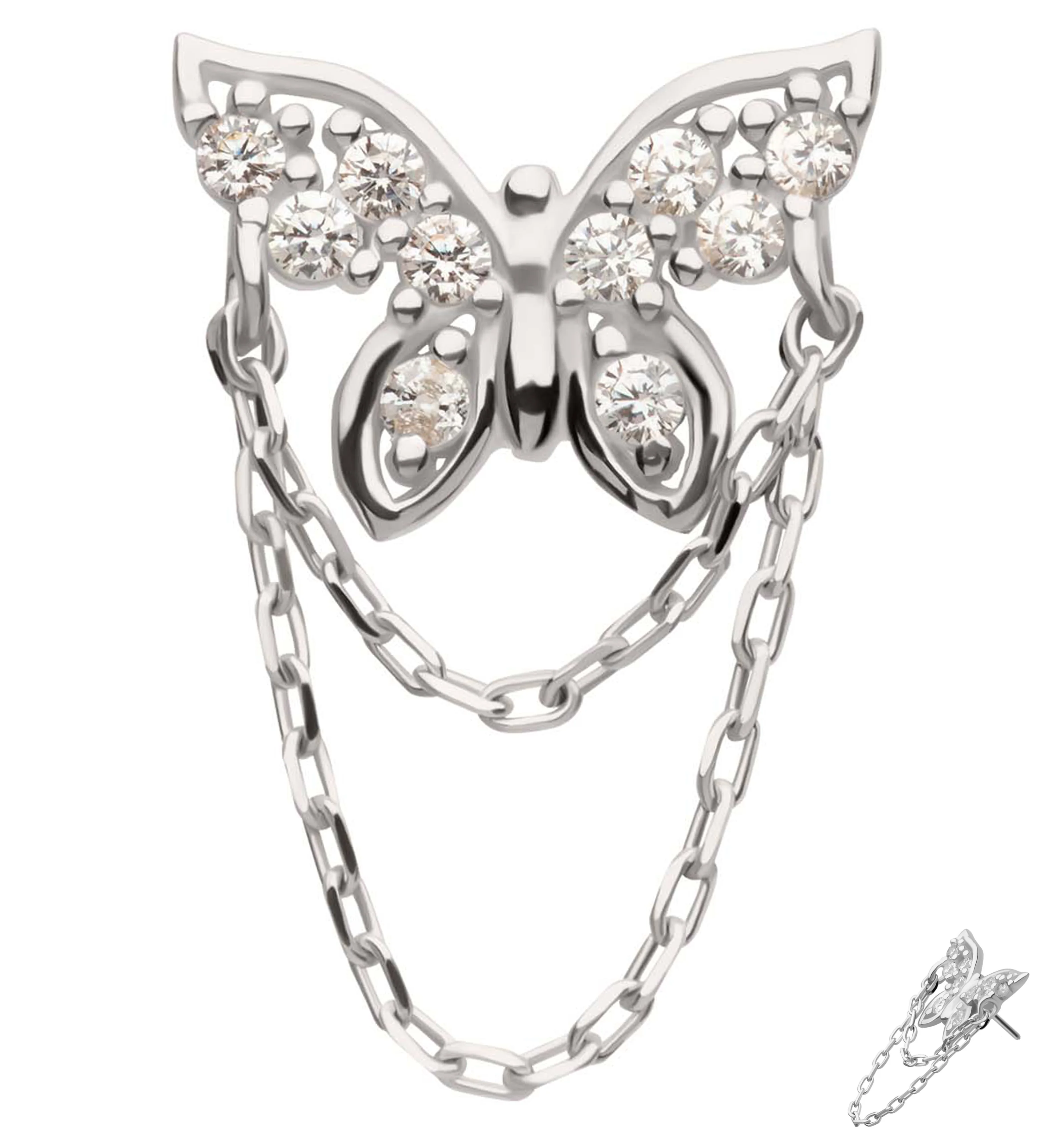 14kt White Gold Butterfly Pave Clear CZ Dangle Chain Threadless Top - Mrs Treak