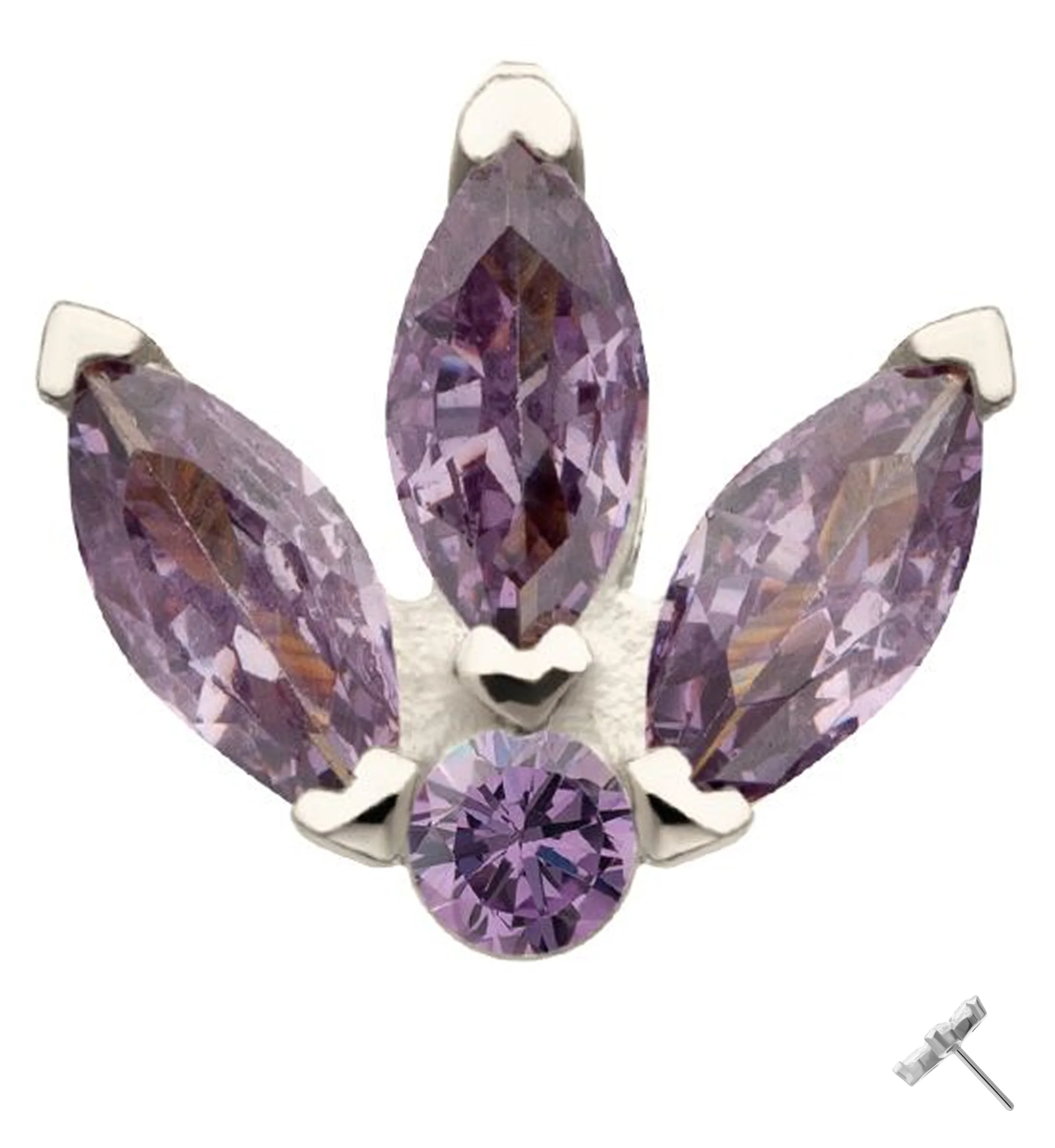 14kt White Gold Tri Sepal Amethyst CZ Threadless Top - Mrs Treak
