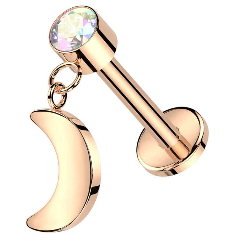 Rose Gold PVD Half Moon Dangle Rainbow Aurora CZ Titanium Threadless Labret - Mrs Treak