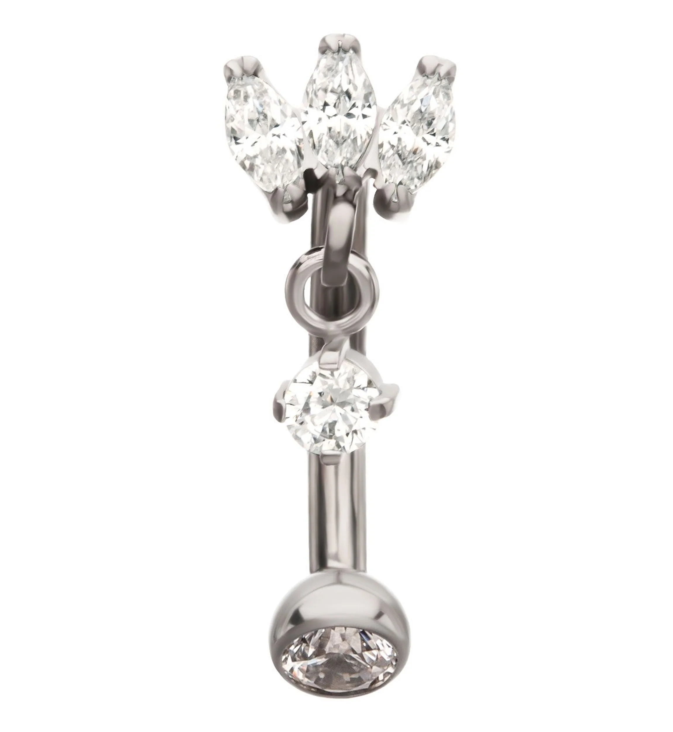 Tri Sepal Floating Clear CZ Dangle Titanium Internally Threaded Curved Barbell - Mrs Treak