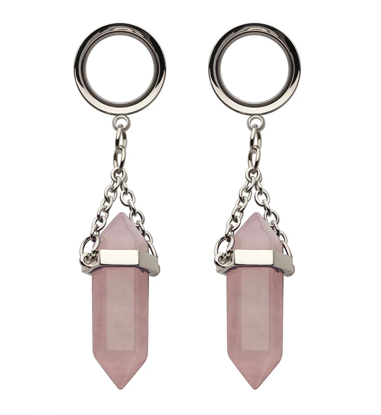 Rose Quartz Crystal Dangle Stainless Steel Tunnel Plugs - Mrs Treak