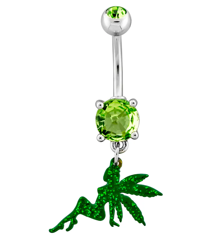 Hemp Leaf Fairy Green CZ Stainless Steel Belly Button Ring - Mrs Treak