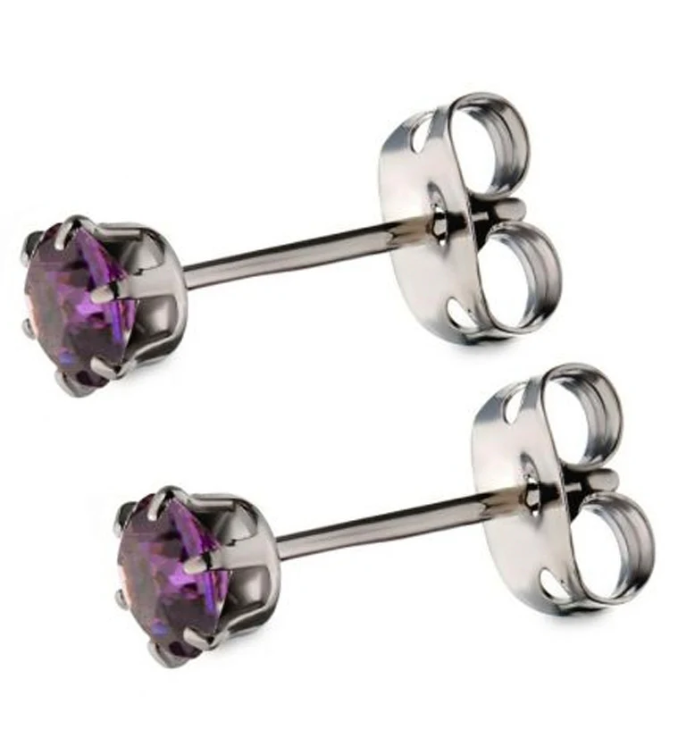 Purple CZ Prong Titanium Earrings - Mrs Treak