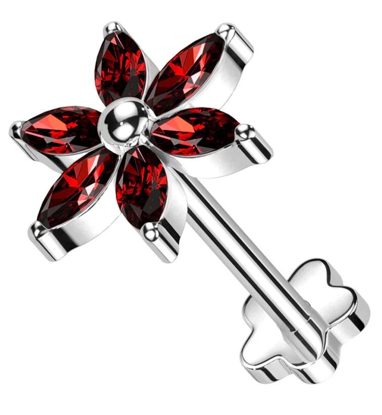 Senary Flower Red CZ Flower Back Threadless Titanium Labret - Mrs Treak