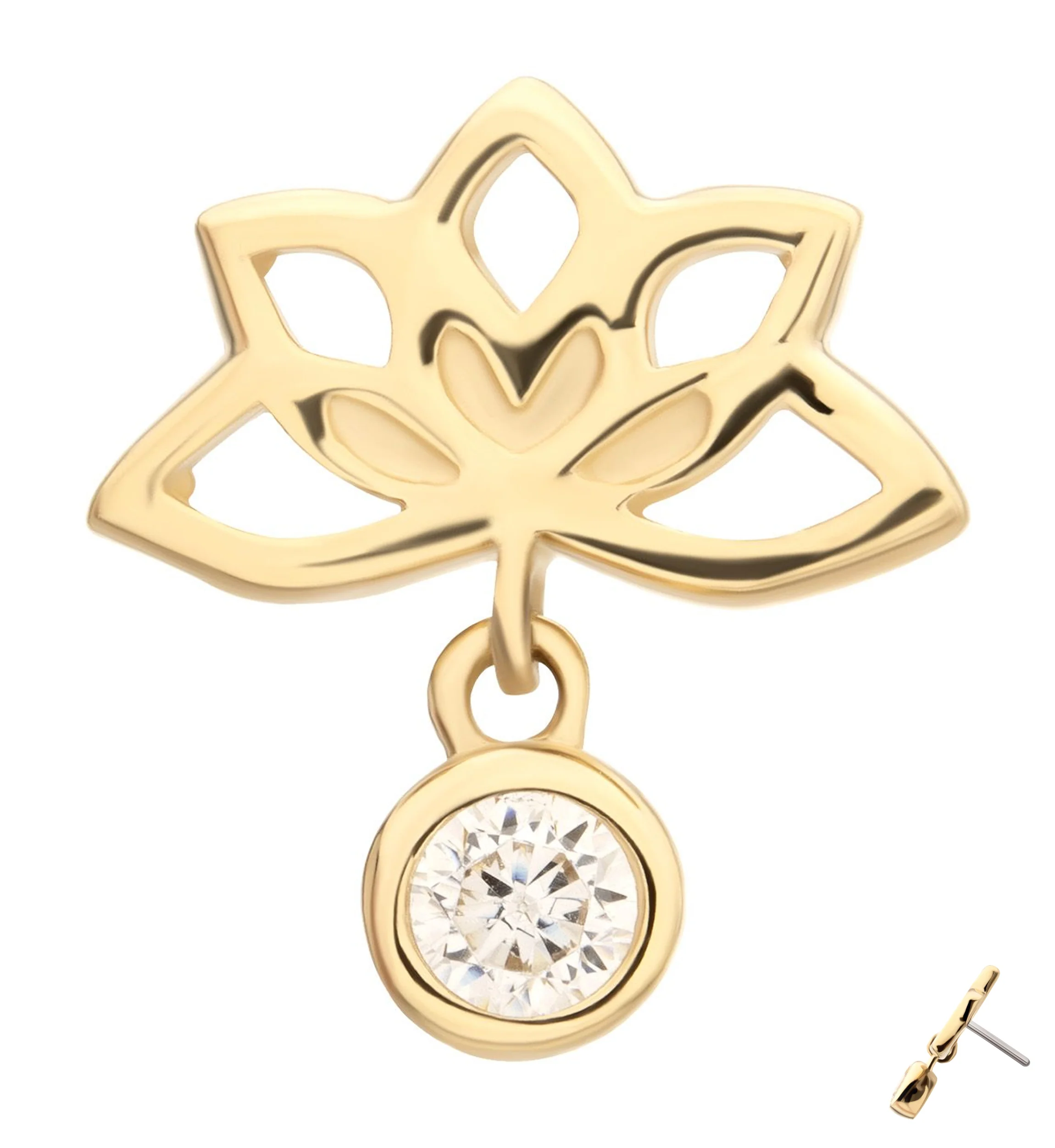 14kt Gold Lotus Flower Dangle Bezel CZ Threadless Top - Mrs Treak