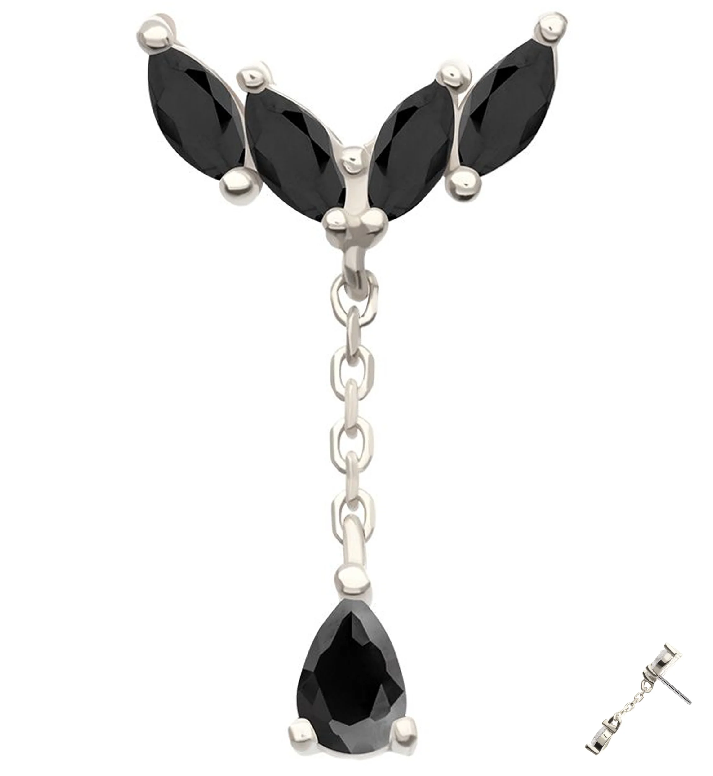14kt White Gold Arrow Marquise Black CZ Dangle Threadless Top - Mrs Treak