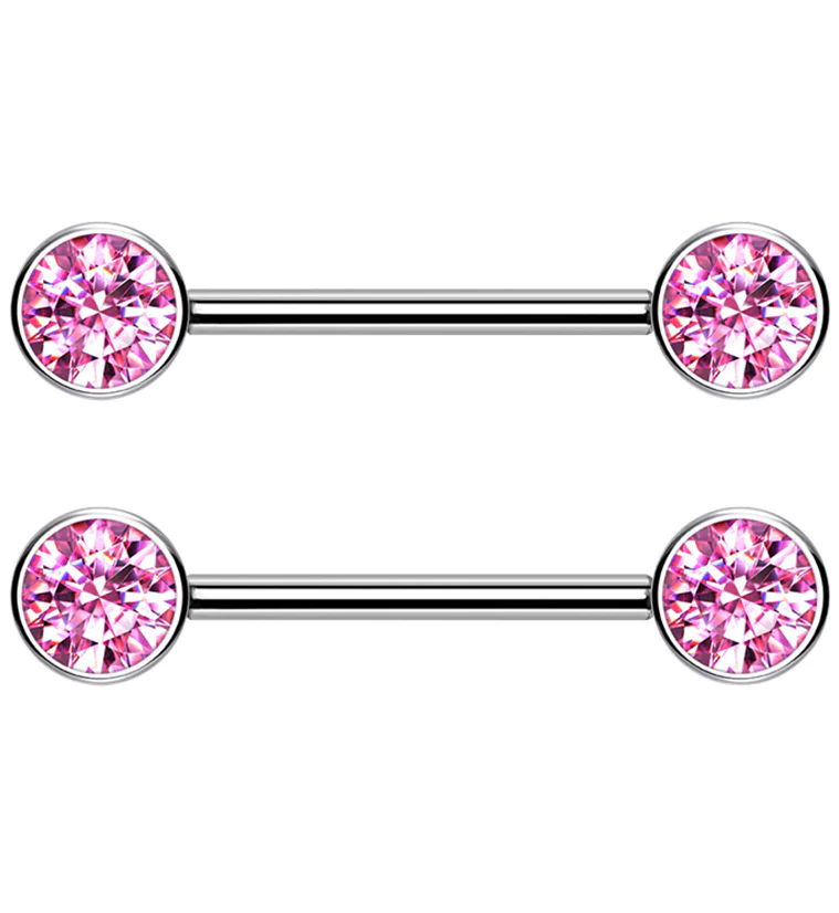 Dual Bezel Pink CZ Titanium Threadless Nipple Ring Barbell - Mrs Treak