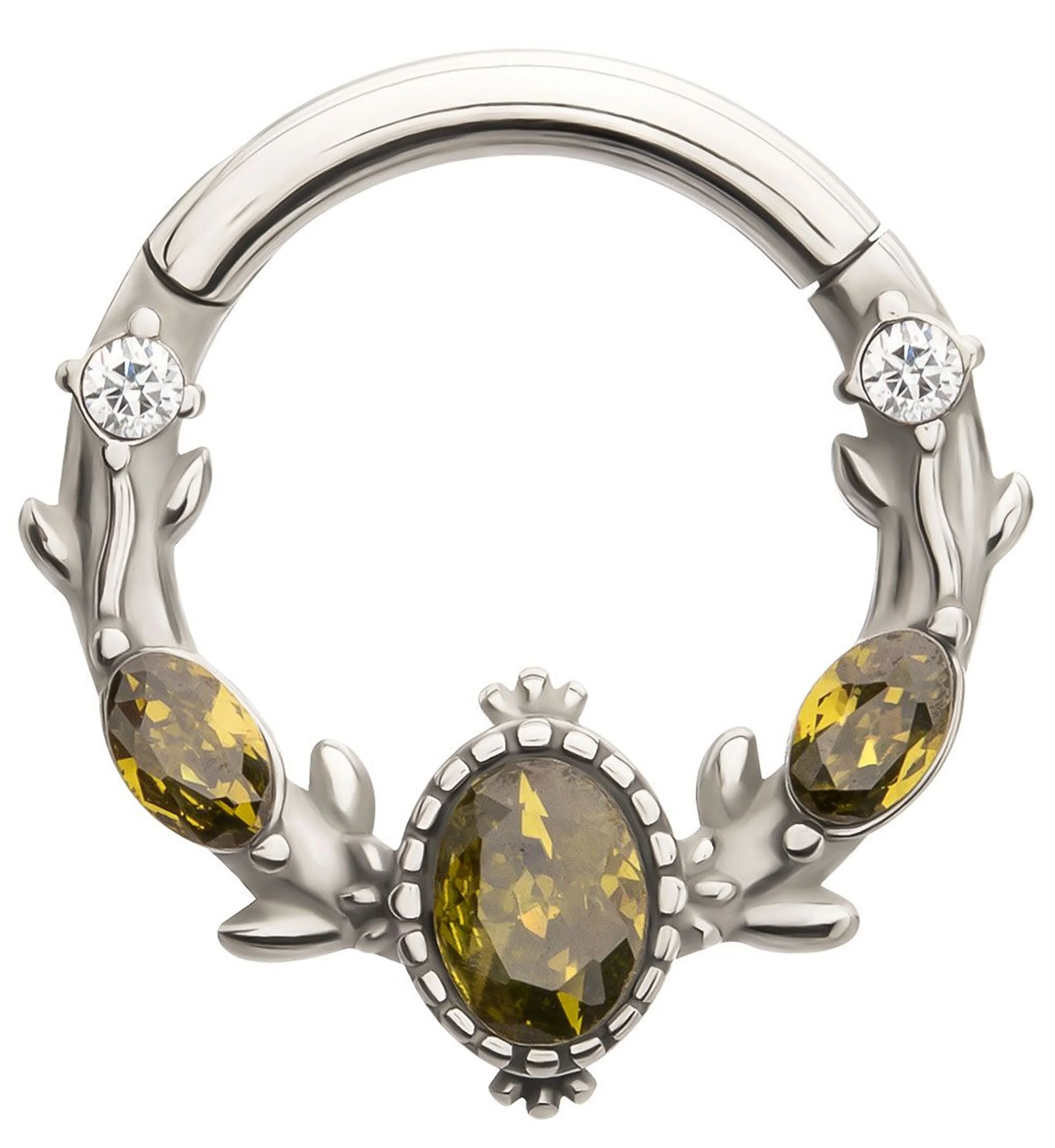 Olive Green CZ Vine Stainless Steel Hinged Segment Ring - Mrs Treak