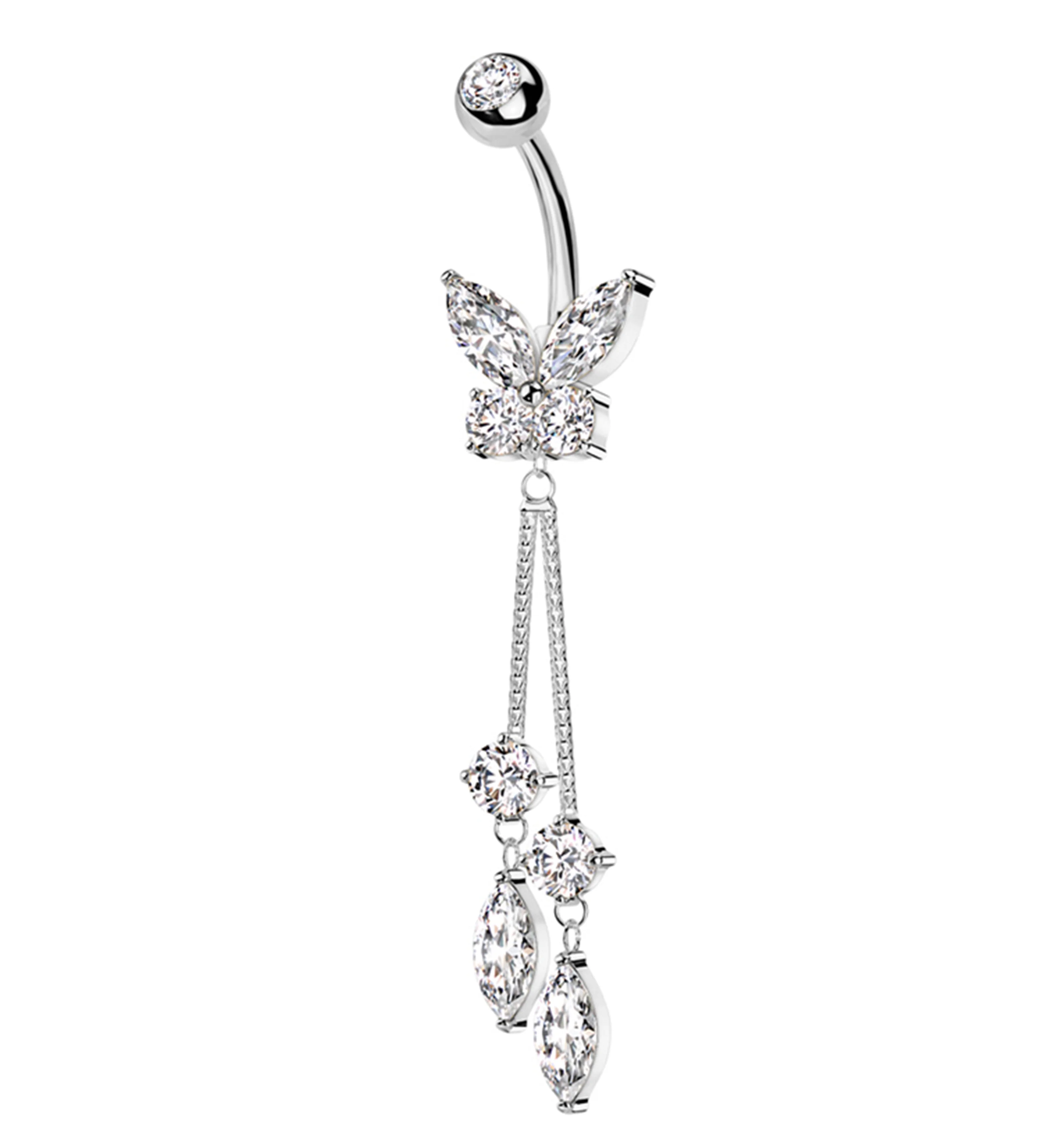 Flying Marquise Butterfly Clear CZ Dangle Stainless Steel Belly Button Ring - Mrs Treak