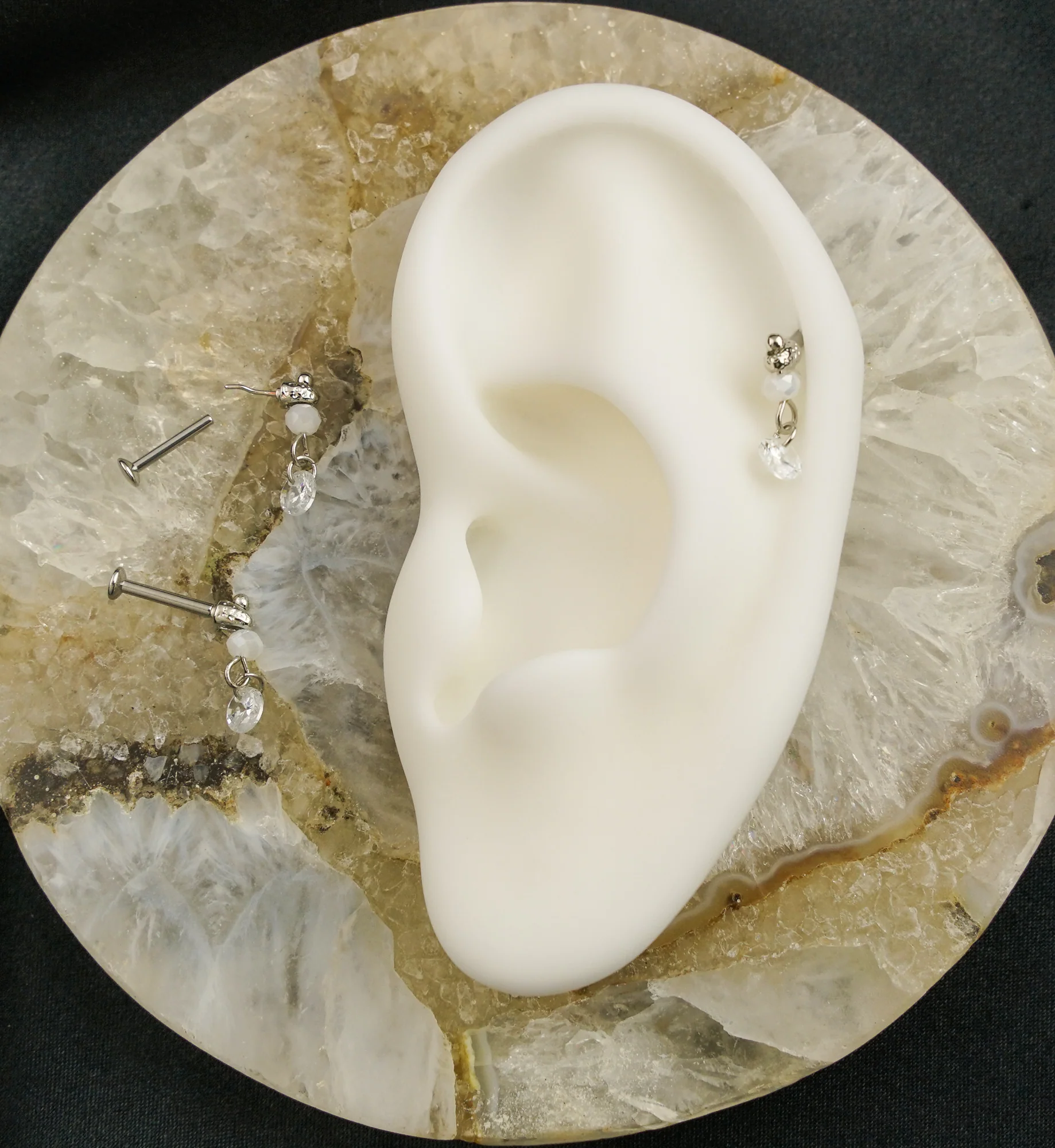 Faceted Bead Clear CZ Dangle Stainless Steel Convex Disc Threadless Labret - Mrs Treak