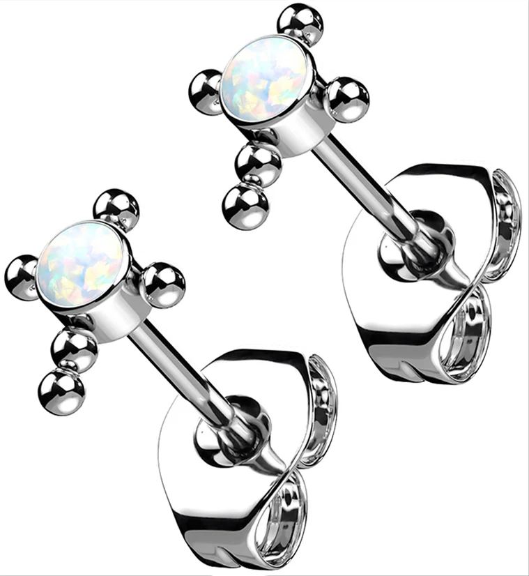 Beaded Cross White Opalite Titanium Threadless Earrings - Mrs Treak