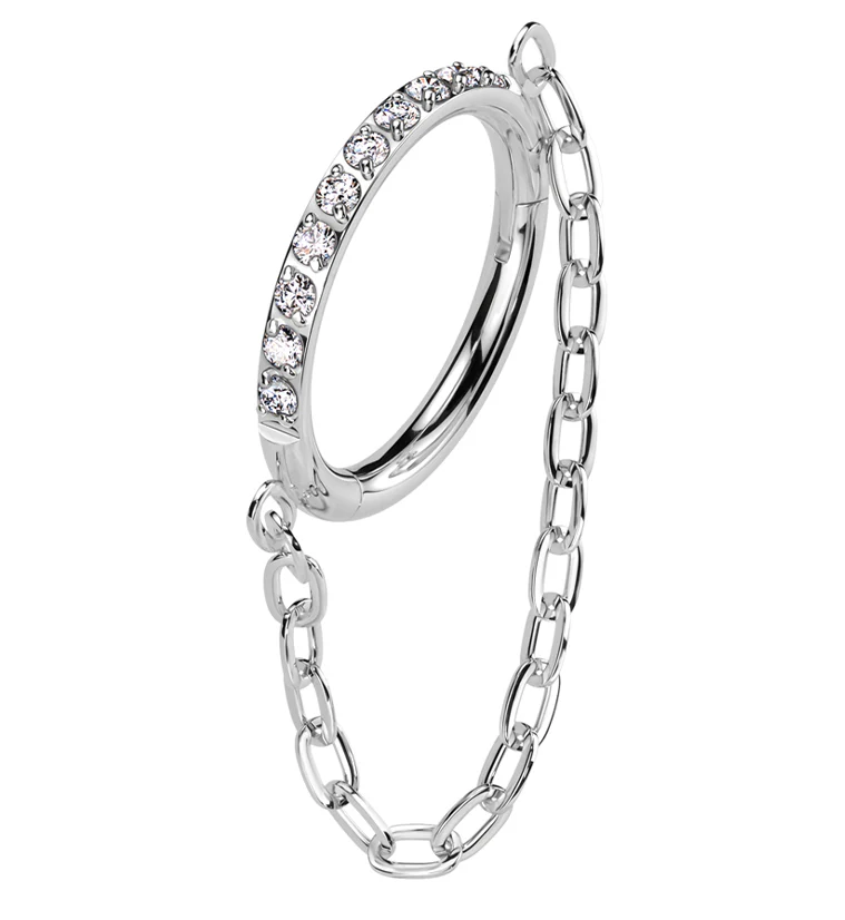 Side Facing Clear CZ Row Dangle Chain Hinged Segment Ring - Mrs Treak