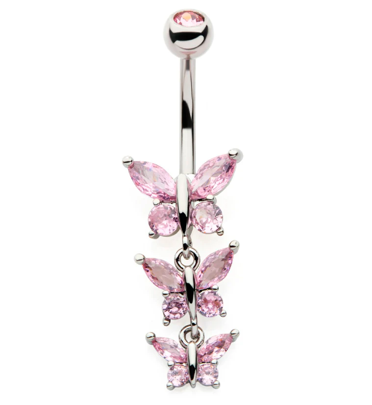 Triple Butterfly Pink CZ Dangle Stainless Steel Belly Button Ring - Mrs Treak