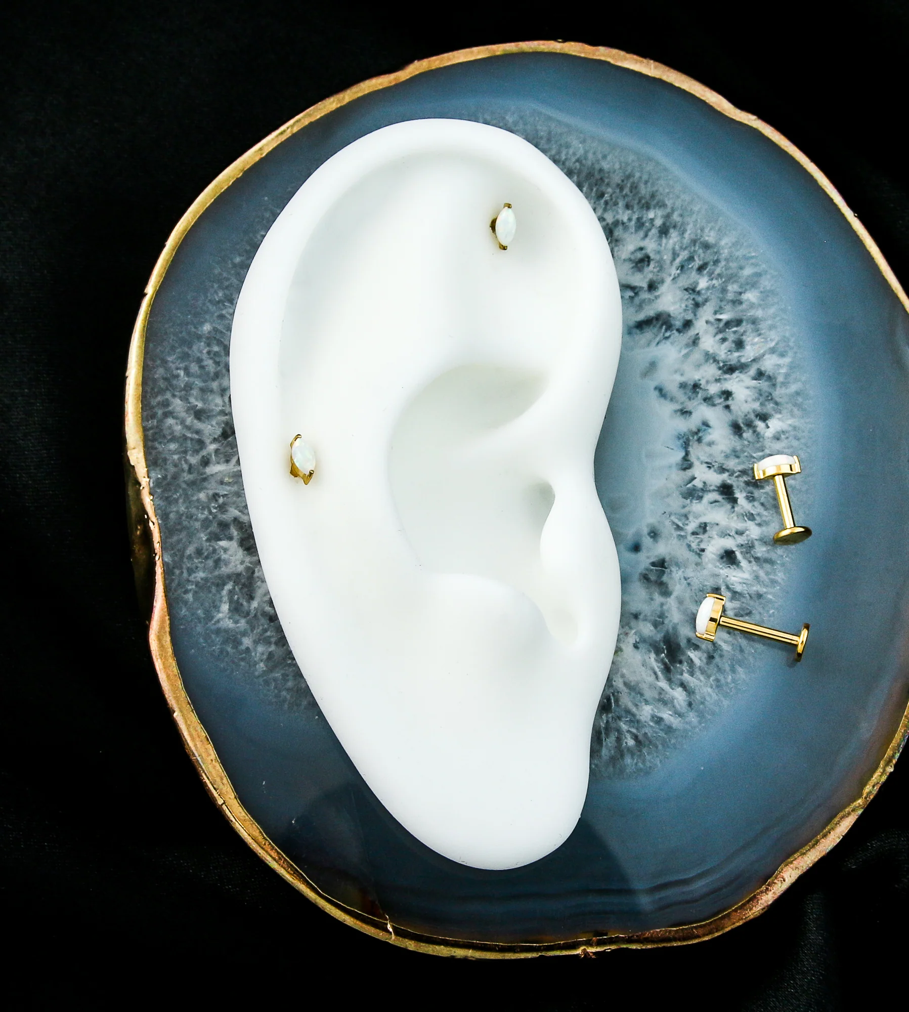 Gold PVD Marquise White Opalite Internally Threaded Titanium Labret - Mrs Treak