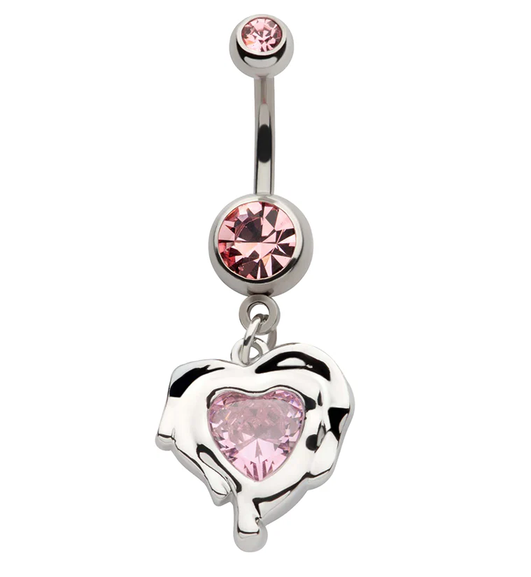 Dripping Heart Dangle Pink CZ Stainless Steel Belly Button Ring - Mrs Treak