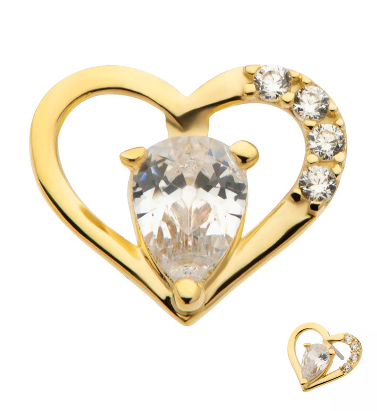 14kt Gold Heart Center Teardrop CZ Threadless Top - Mrs Treak