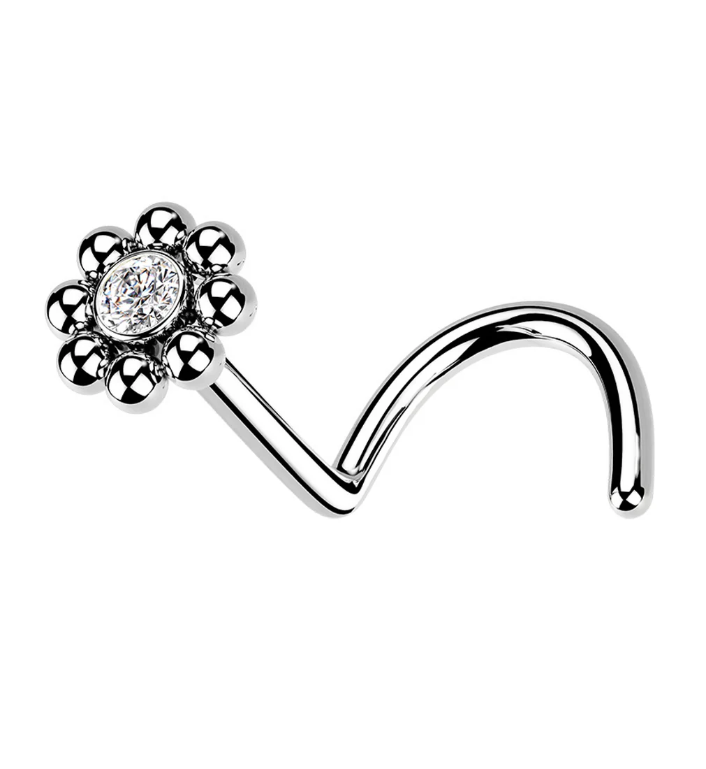 Beaded Flower CZ Nose Screw Ring - Mrs Treak