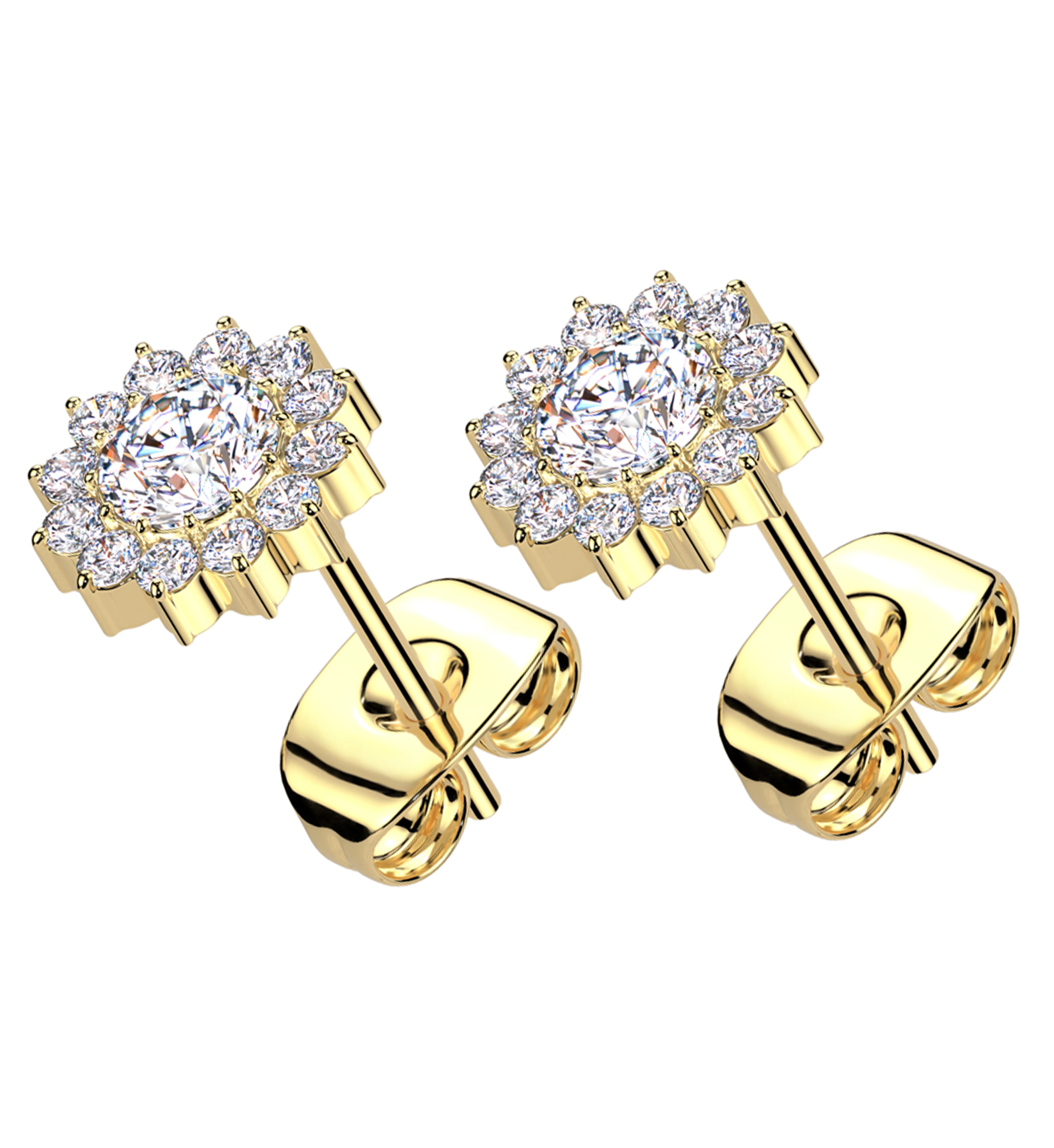 Gold PVD Spherical Flower Clear CZ Titanium Stud Earrings - Mrs Treak