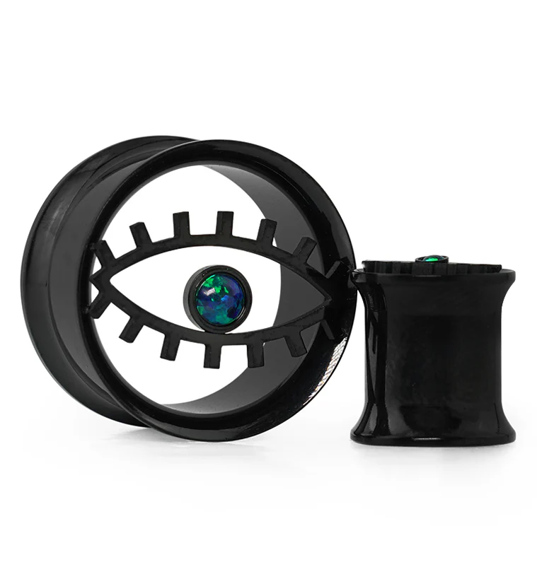 Black PVD Evil Eye Green Opalite Stainless Steel Tunnel Plugs - Mrs Treak