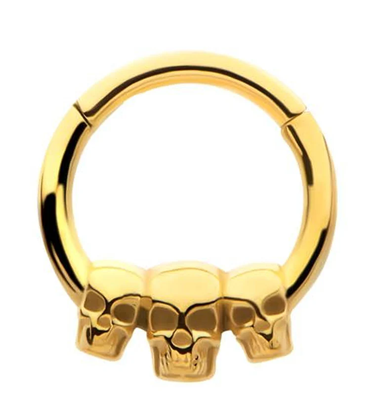 Gold PVD Triple Skull Stainless Steel Hinged Segment Ring - Mrs Treak