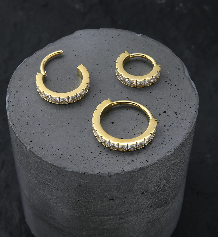 Gold PVD Square CZ Row Stainless Steel Hinged Segment Ring - Mrs Treak