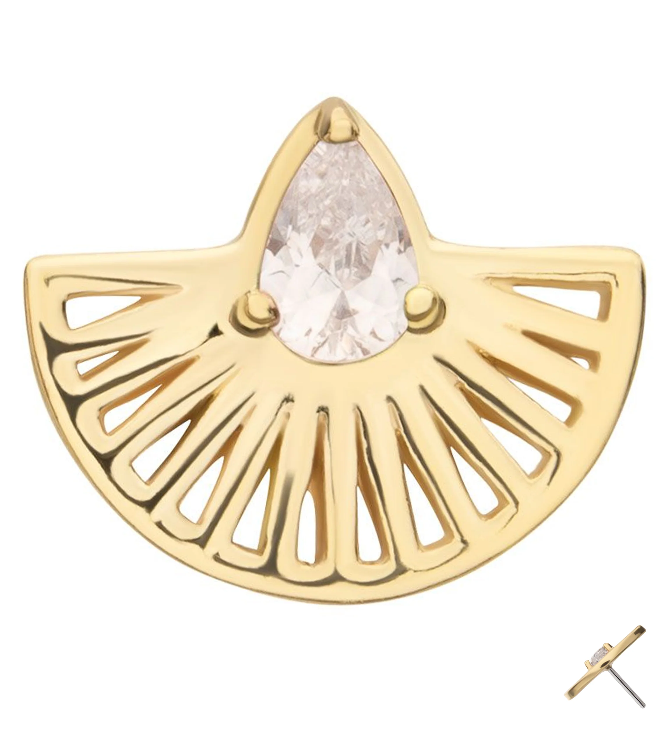 14kt Gold Empire Fan Teardrop Clear CZ Threadless Top - Mrs Treak
