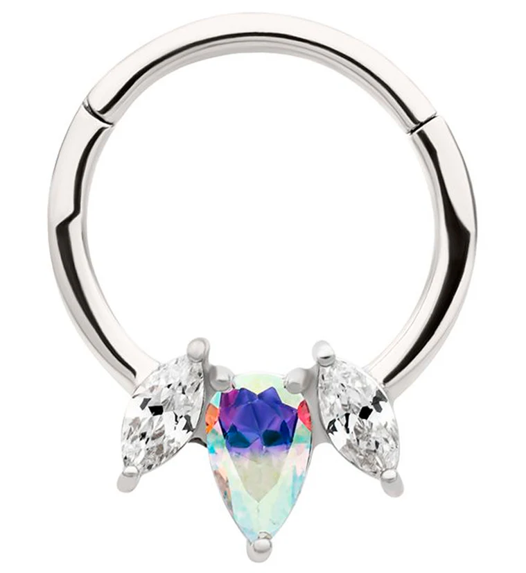 Sepal Clear And Rainbow Aurora CZ Stainless Steel Hinged Segment Ring - Mrs Treak