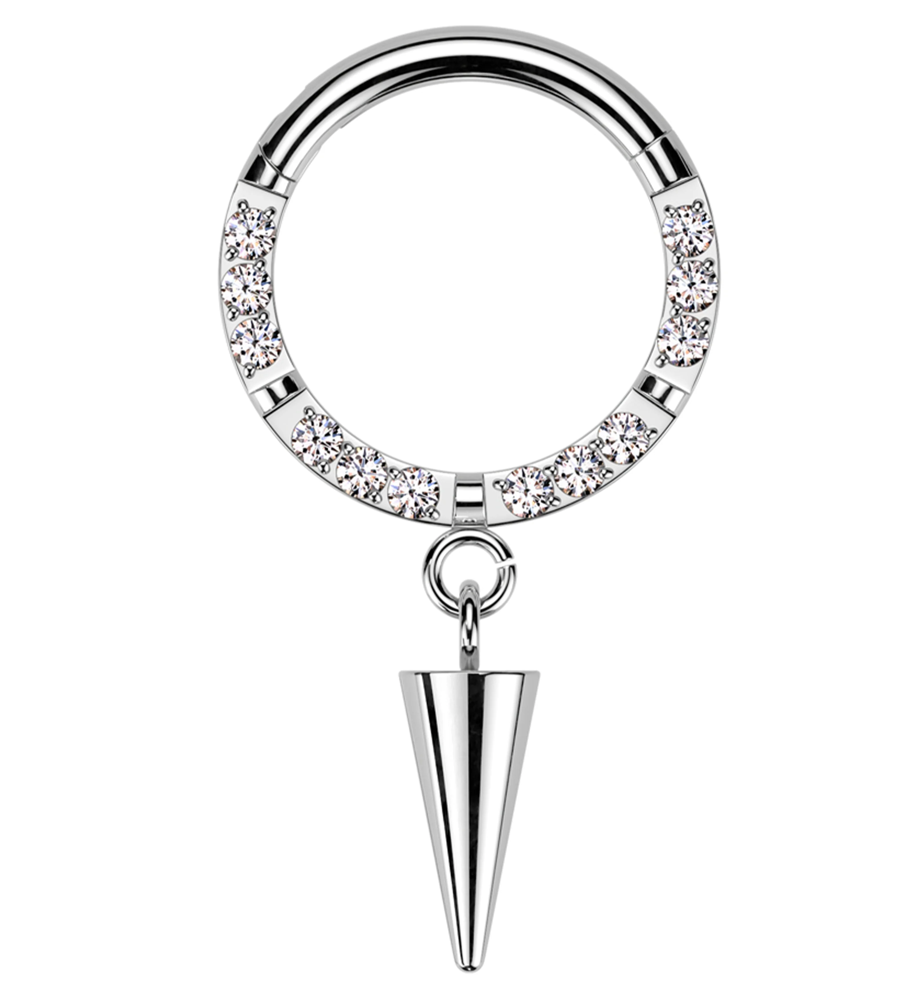Front Facing Cone Dangle Clear CZ Row Titanium Hinged Segment Ring - Mrs Treak