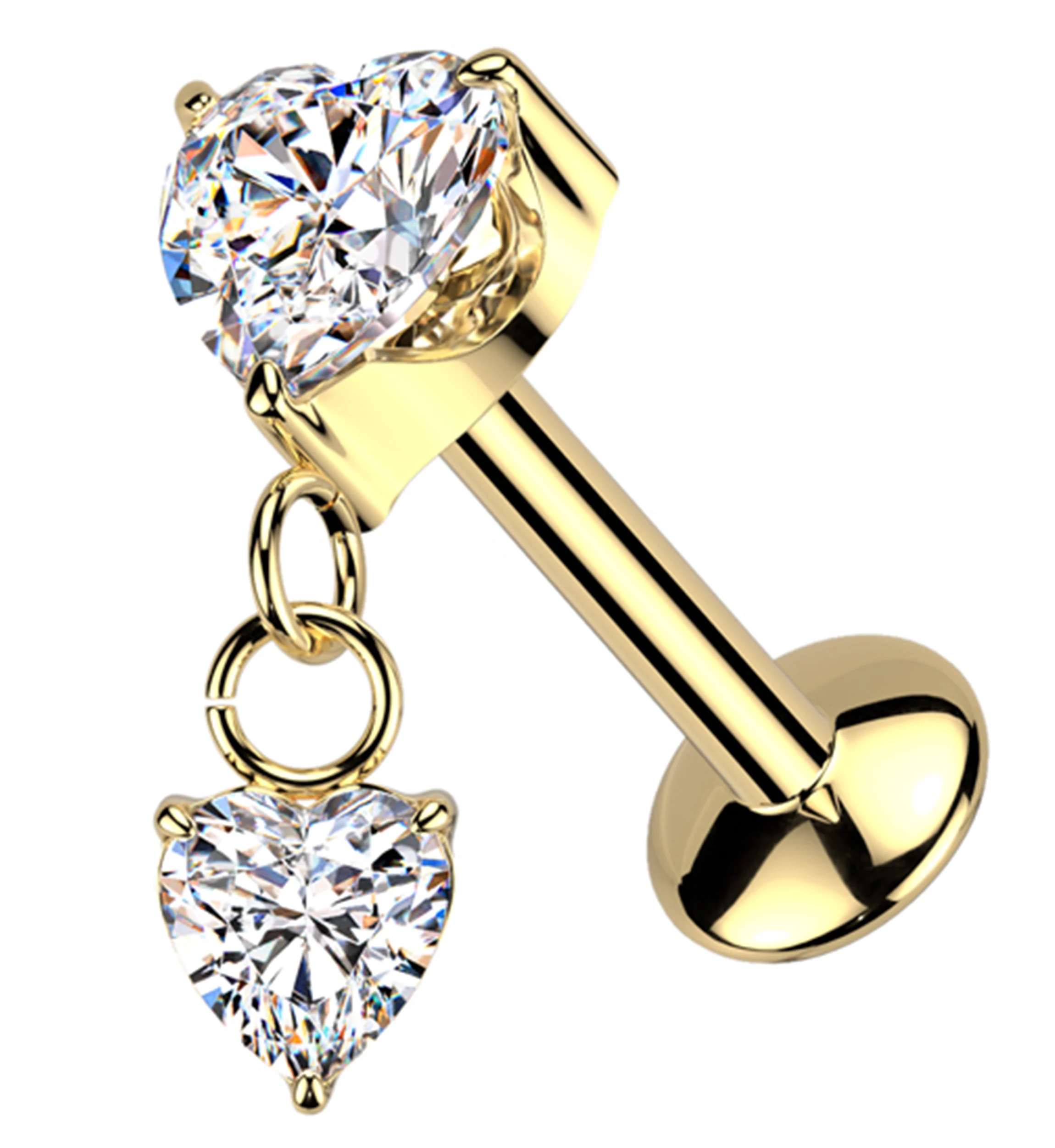 Gold PVD Double Heart Dangle Clear CZ Threadless Titanium Convex Disk Labret - Mrs Treak