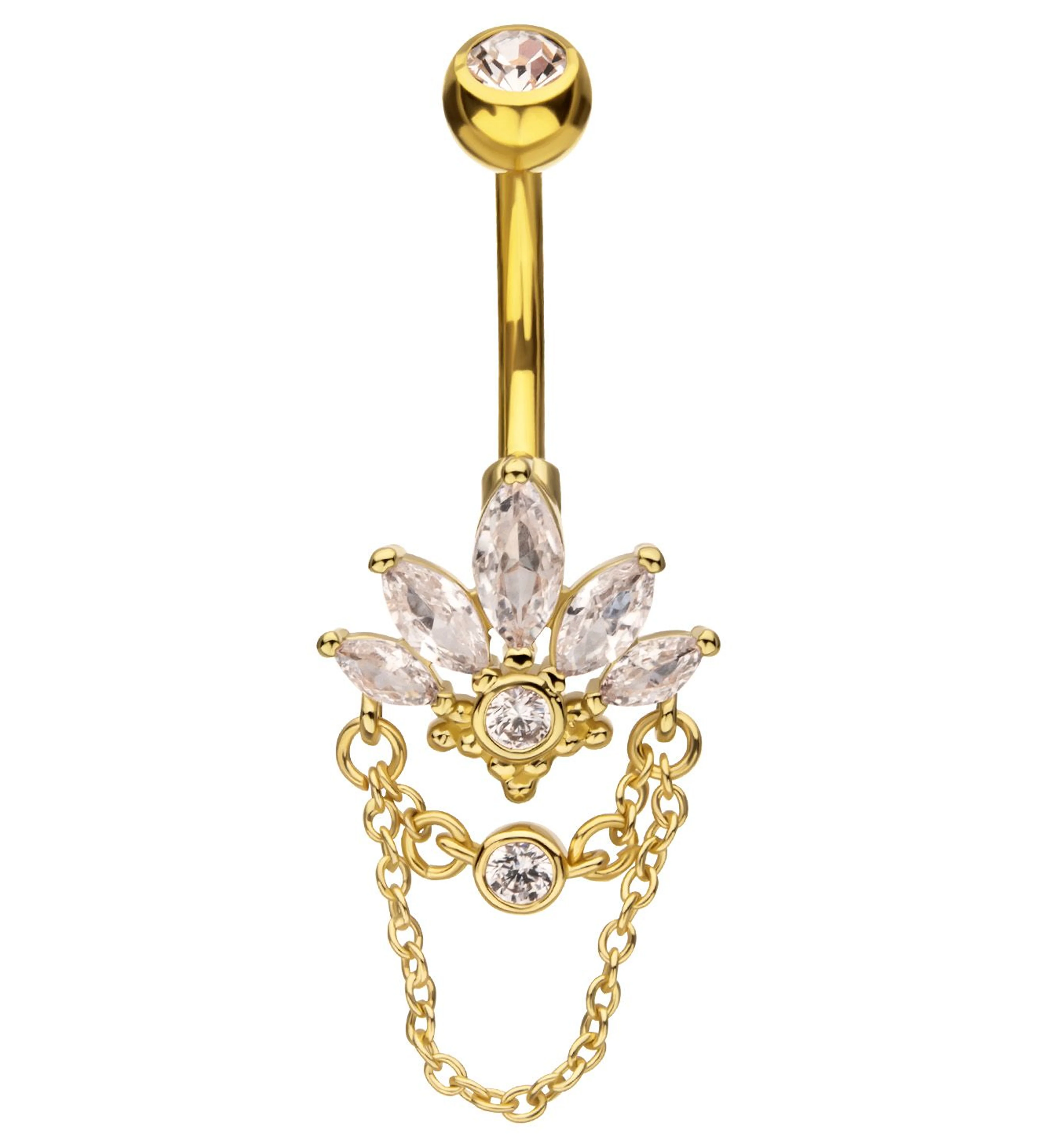 Gold PVD Marquise Lotus Clear CZ Dangle Chain Stainless Steel Belly Button Ring - Mrs Treak