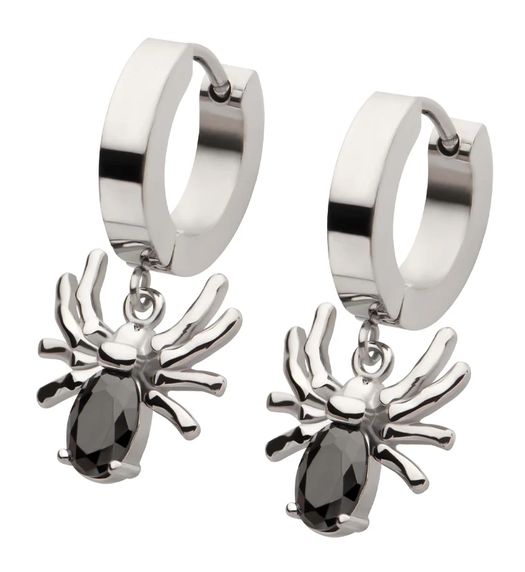 Spider Black CZ Stainless Steel Hoop Huggie Earrings - Mrs Treak