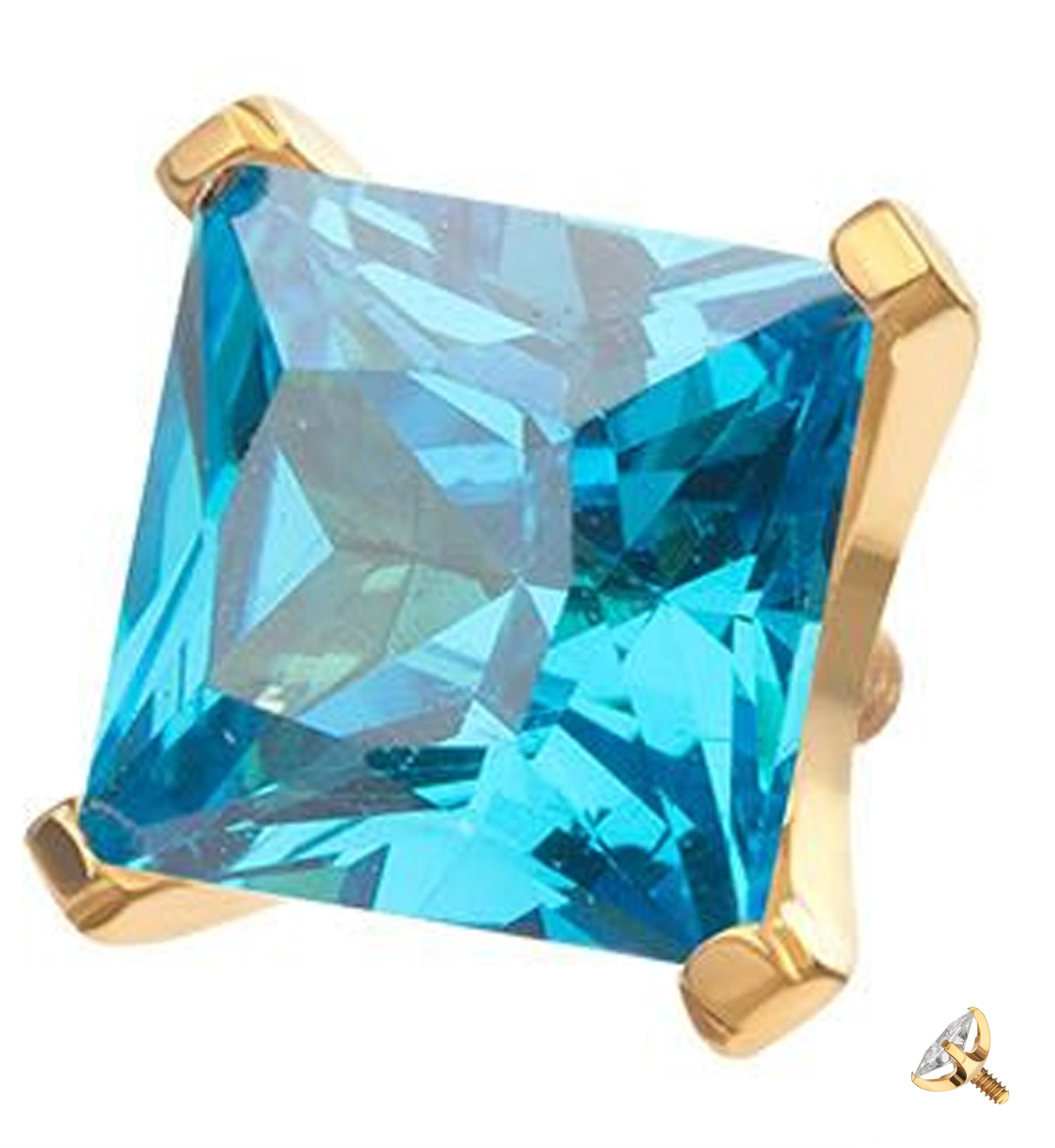 24kt Gold PVD Princess Blue Topaz CZ Internally Threaded Titanium Top - Mrs Treak