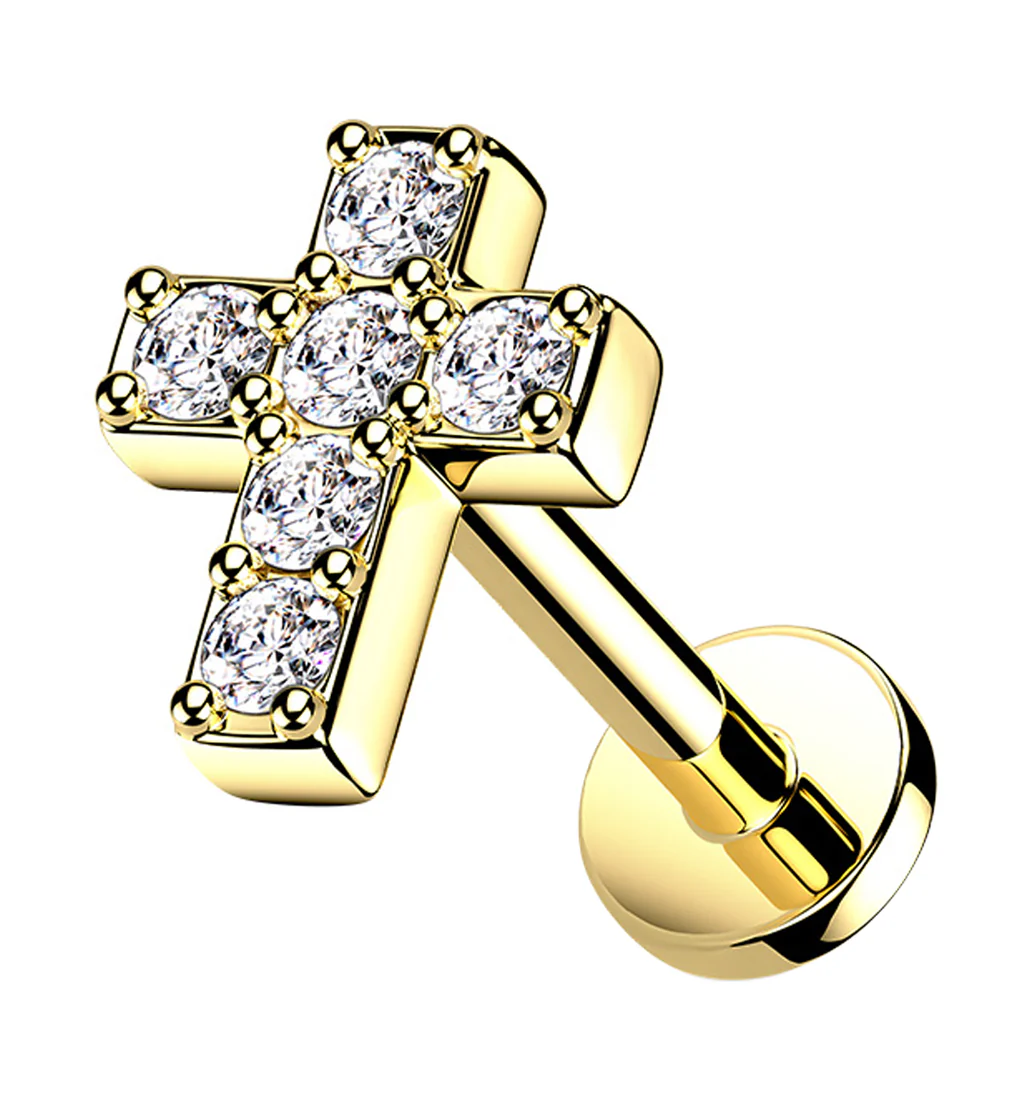Gold PVD Cross CZ Gem Labret Post - Mrs Treak
