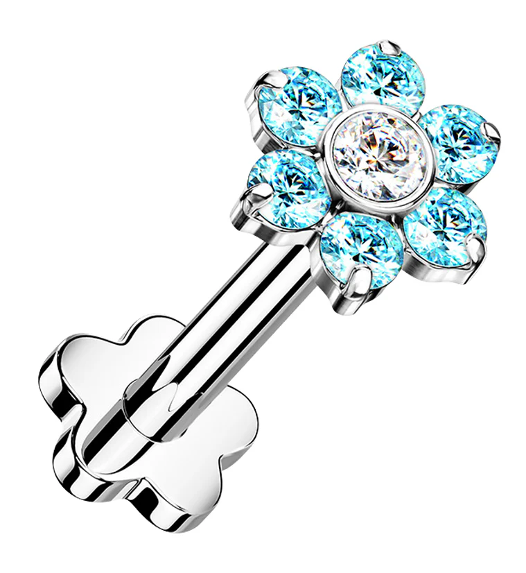 Aqua CZ Flower Titanium Threadless Labret - Mrs Treak