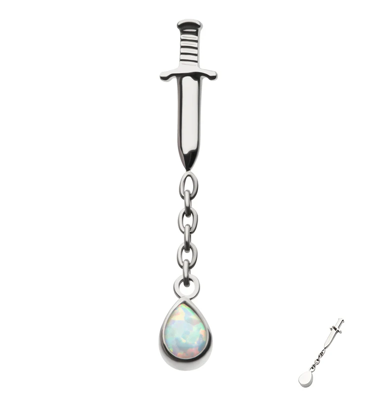 Dagger Dangle Chain Teardrop White Opalite Internally Threaded Titanium Top - Mrs Treak