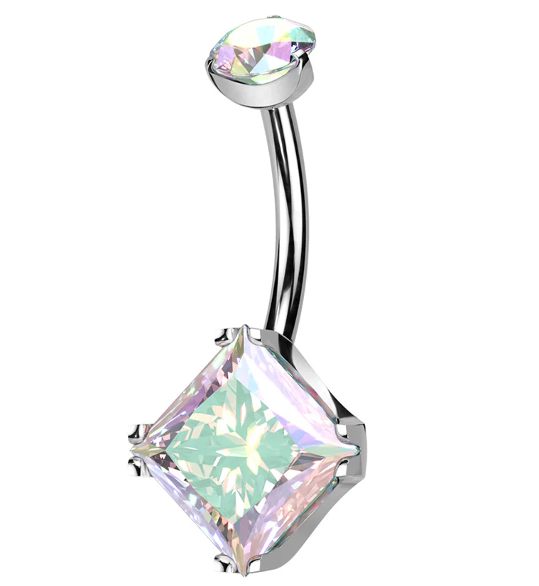 Square Rainbow Aurora CZ Internally Threaded Titanium Belly Button Ring - Mrs Treak
