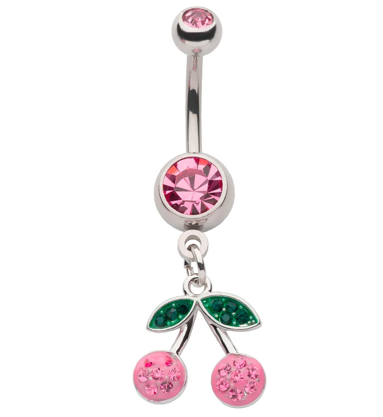 Cherry Pink CZ Dangle Stainless Steel Belly Button Ring - Mrs Treak