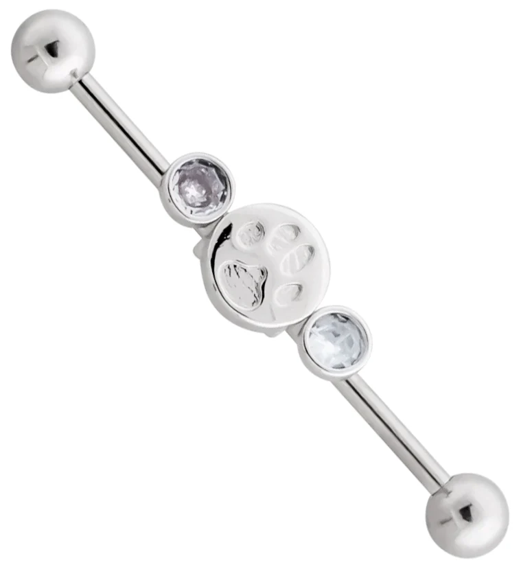 Paw Print Clear CZ Stainless Steel Industrial Barbell - Mrs Treak