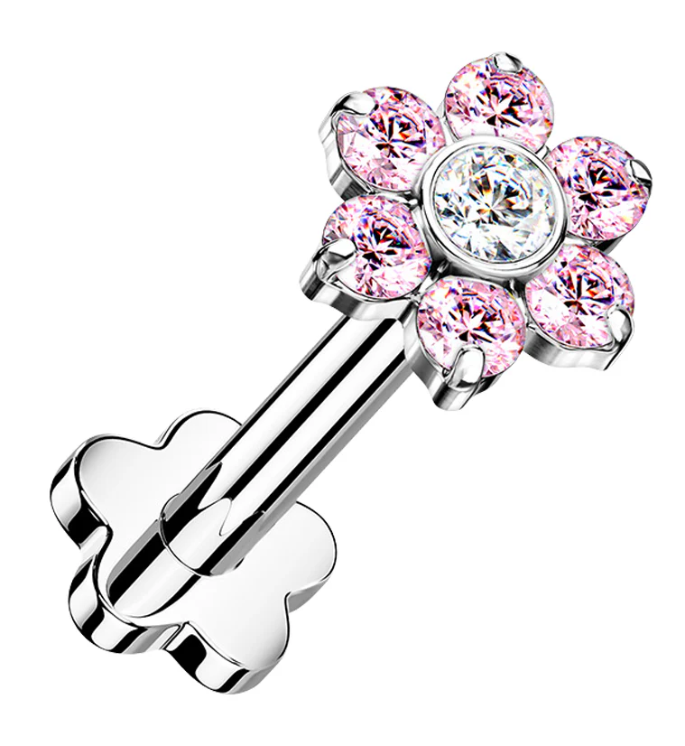 Pink CZ Flower Titanium Threadless Labret - Mrs Treak