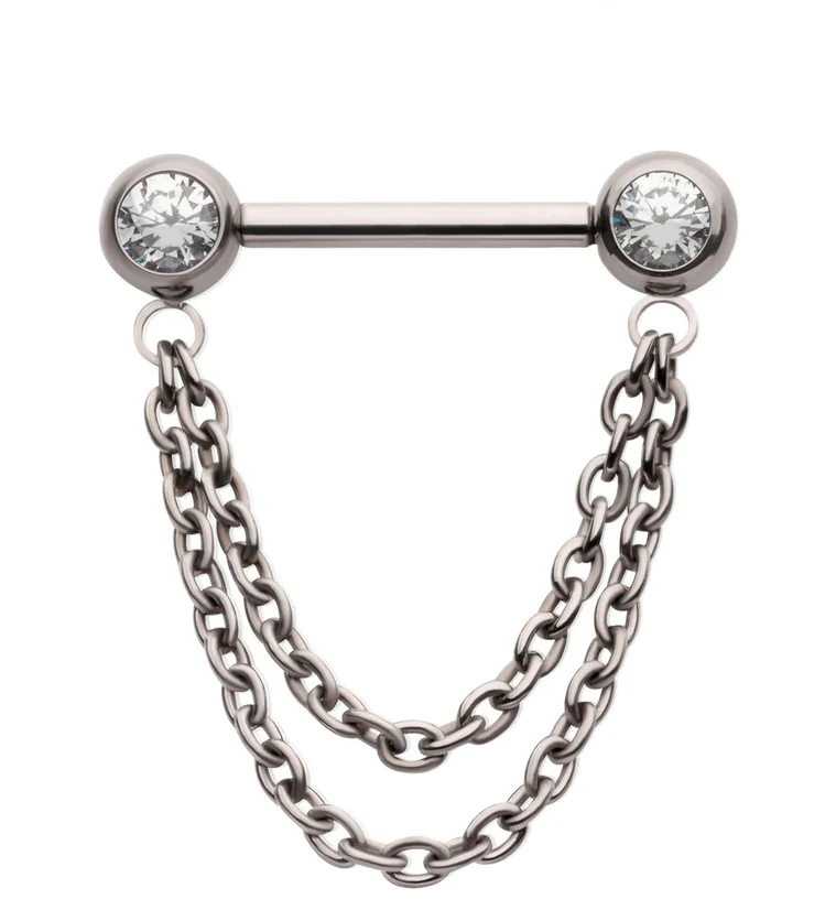 Dangle Chain Clear CZ Threadless Titanium Nipple Bars - Mrs Treak