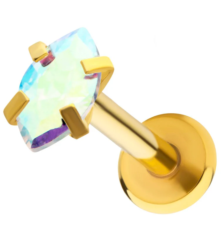 Gold PVD Rainbow Aurora Prong Oval CZ Stainless Steel Internally Threaded Labret - Mrs Treak