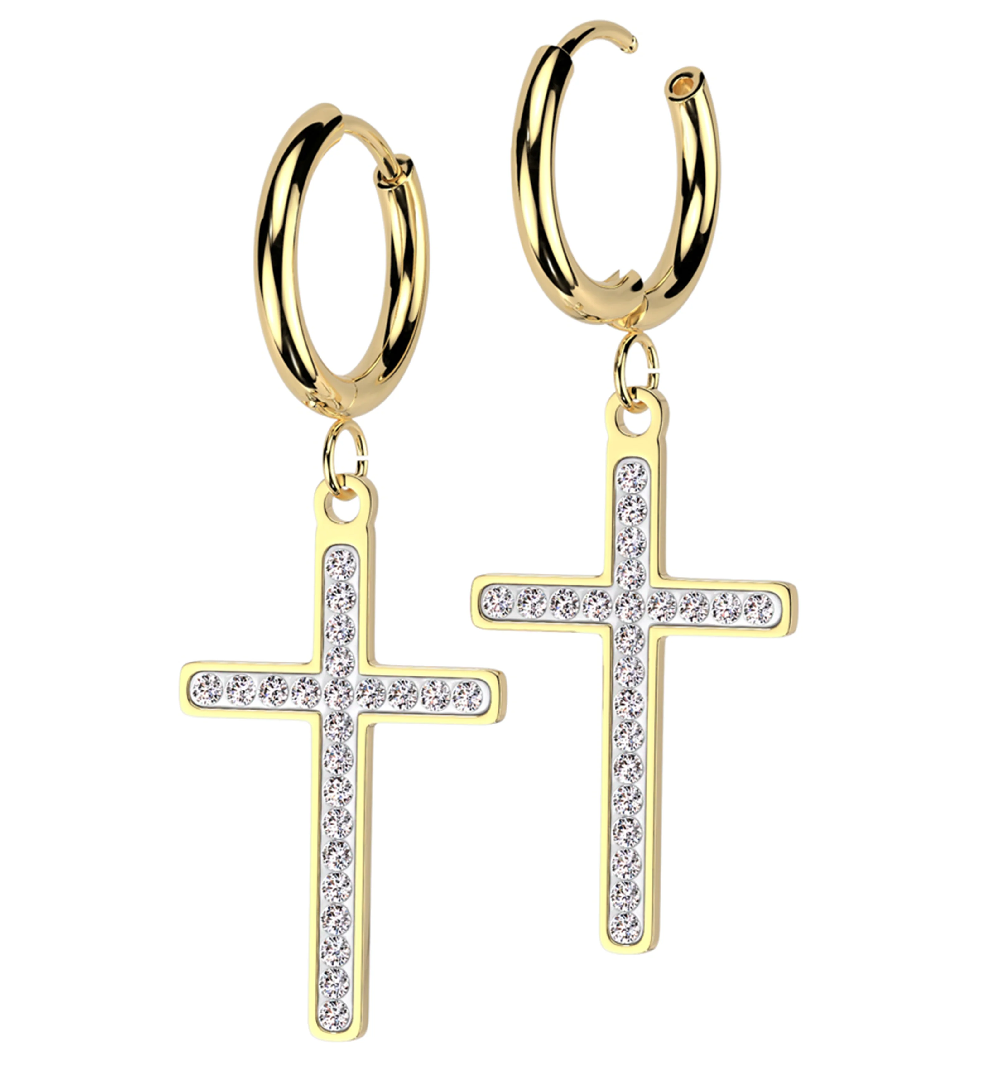 Gold PVD White Cross Clear CZ Stainless Steel Hoop Earrings - Mrs Treak