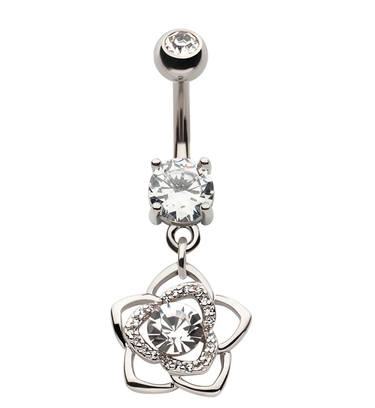 Flower Bloom CZ Dangle Stainless Steel Belly Button Ring - Mrs Treak