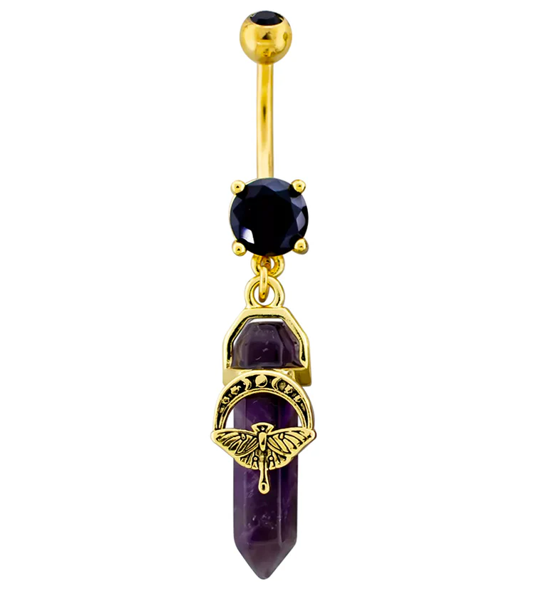 Gold PVD Moon Phase Moth Amethyst Crystal Dangle Stainless Steel Belly Button Ring - Mrs Treak