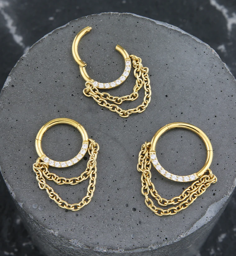 Gold PVD Pave Clear CZ Dual Dangle Chain Stainless Steel Hinged Segment Ring - Mrs Treak